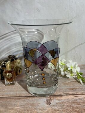 Romanian Art Glass Vase Hand Painted VTG 1980s